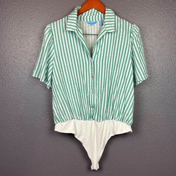 Draper James RSVP Women XL Button Front Linen Blend Bodysuit Kelly Green Stripe - Picture 1 of 4